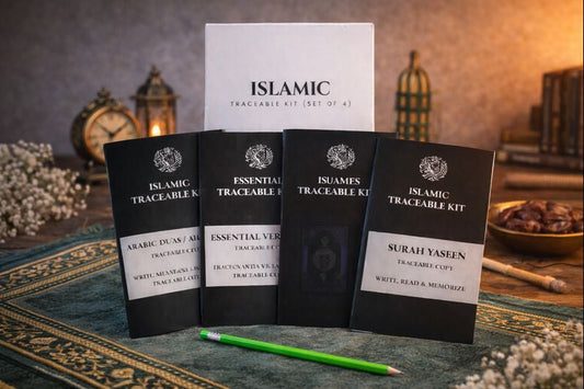 Islamic Traceable Kit with 4 books including 99 Names of Allah, Surah Yaseen, Arabic Alphabets, and Essential Verses for Qur’an learning