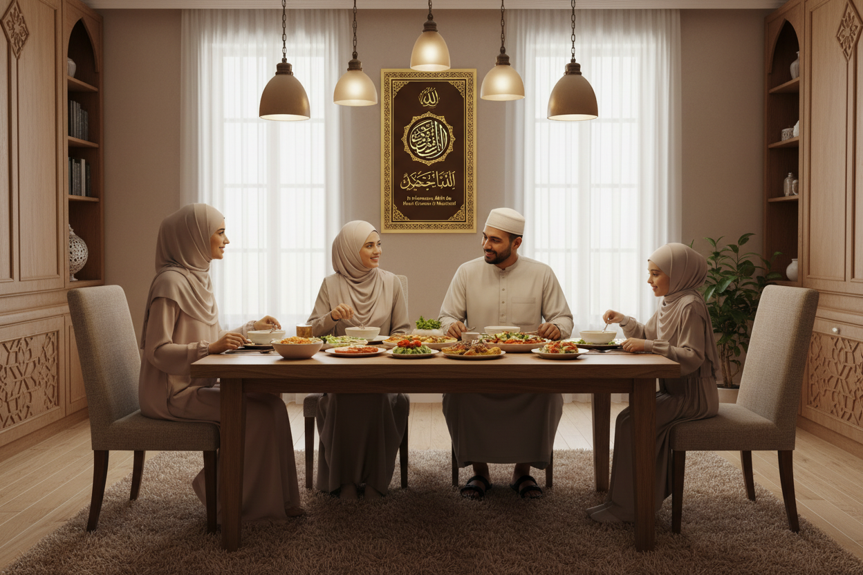 Family of four, including a father and three daughters, sitting around a dining table in a well-decorated room with Arabic calligraphy on the wall.