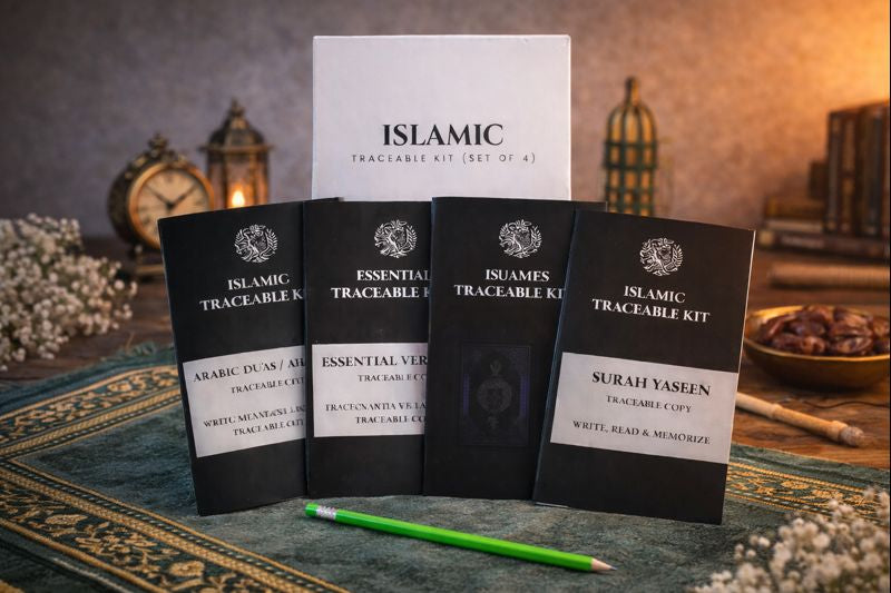Islamic Traceable Kit with 4 books including 99 Names of Allah, Surah Yaseen, Arabic Alphabets, and Essential Verses for Qur’an learning