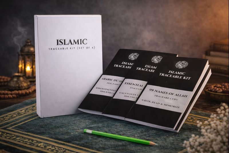 Islamic Traceable Kit with 4 books including 99 Names of Allah, Surah Yaseen, Arabic Alphabets, and Essential Verses for Qur’an learning. very good product
