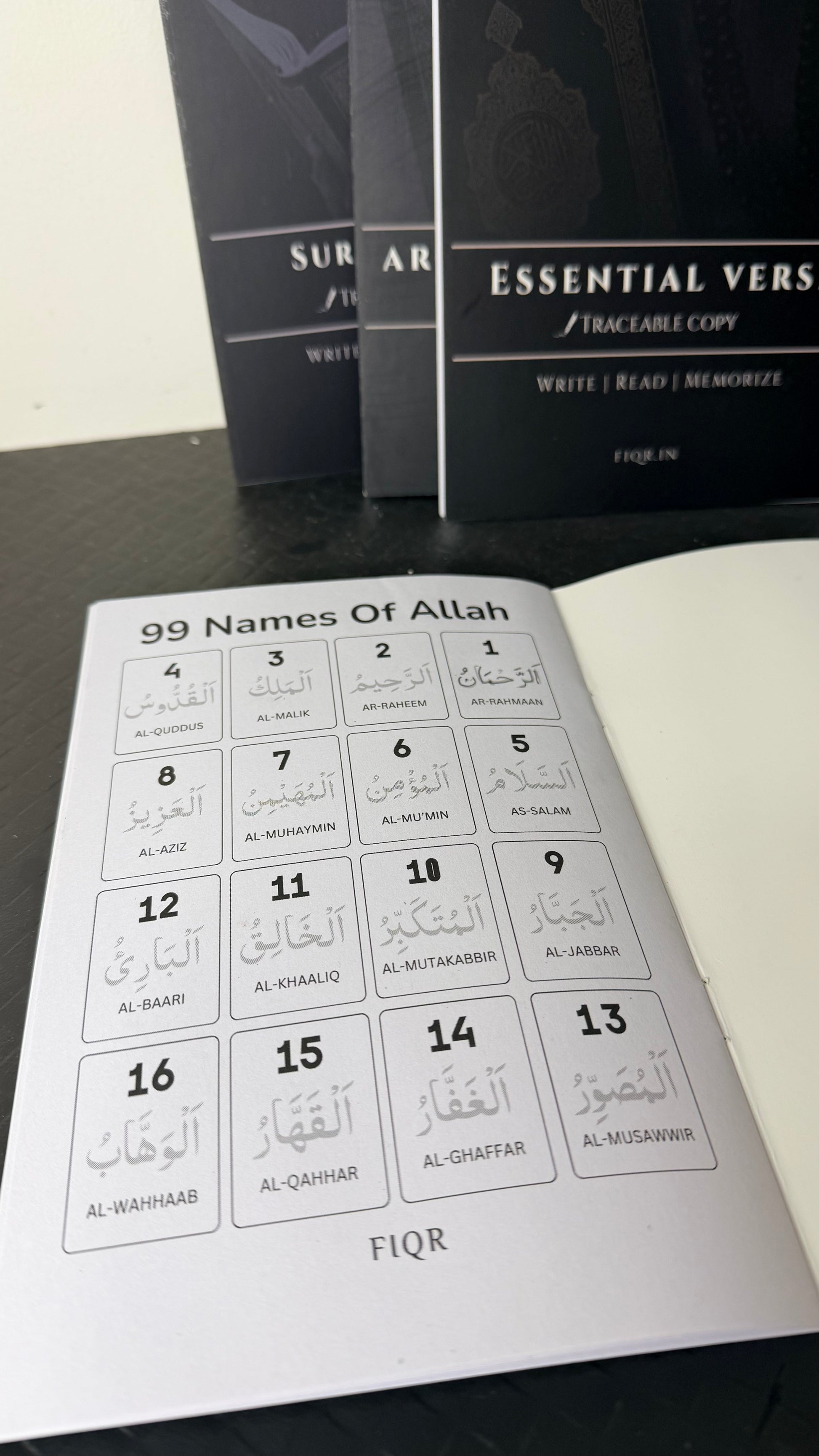Islamic Traceable Kit with 4 books including 99 Names of Allah, Surah Yaseen, Arabic Alphabets, and Essential Verses for Qur’an learning, easy understanding.