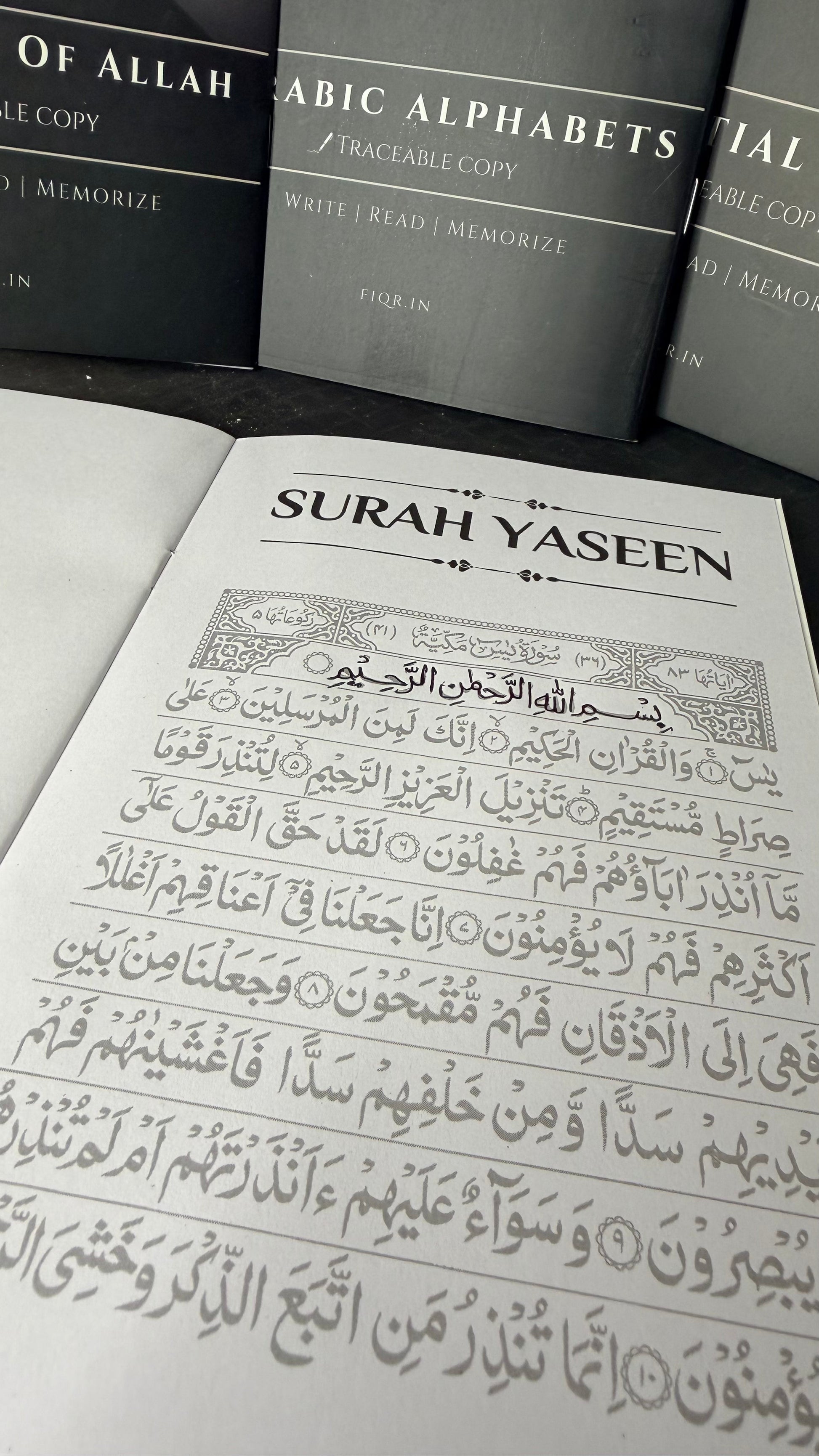 Islamic Traceable Kit with 4 books including 99 Names of Allah, Surah Yaseen, Arabic Alphabets, and Essential Verses for Qur’an learning-traceable kit