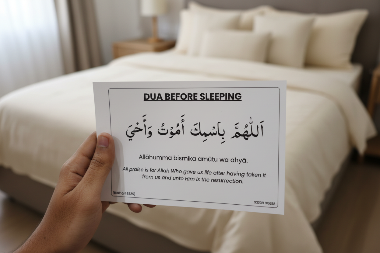 Hand holding a card with Arabic prayer text in front of a bed.