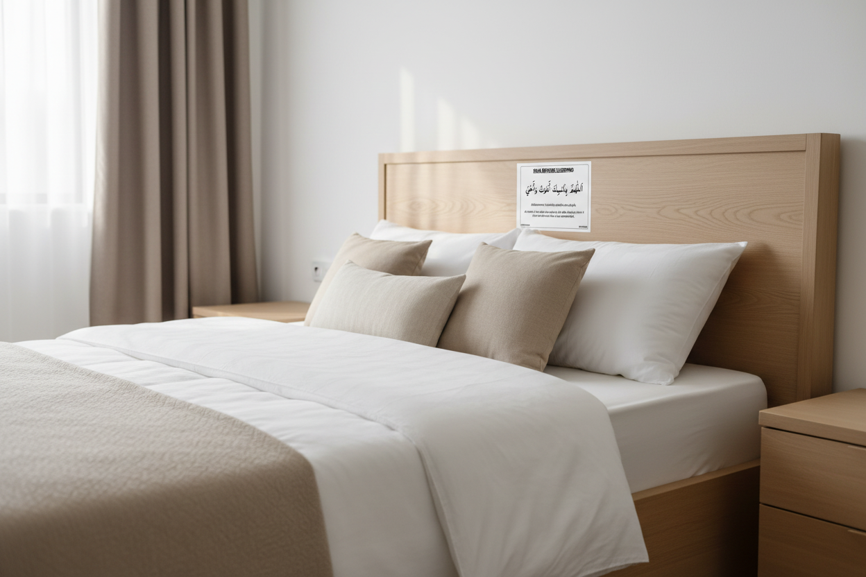 English Daily Dua Stickers Set of 12 Islamic learning stickers for kids home wall duas-12 duas - Bedroom with a neatly made bed featuring white bedding and beige pillows, wooden headboard, and nightstands.