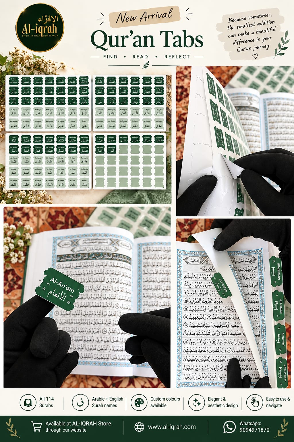 How to use-Quran Tabs 114 Surah Name Stickers in green by AL-IQRAH 