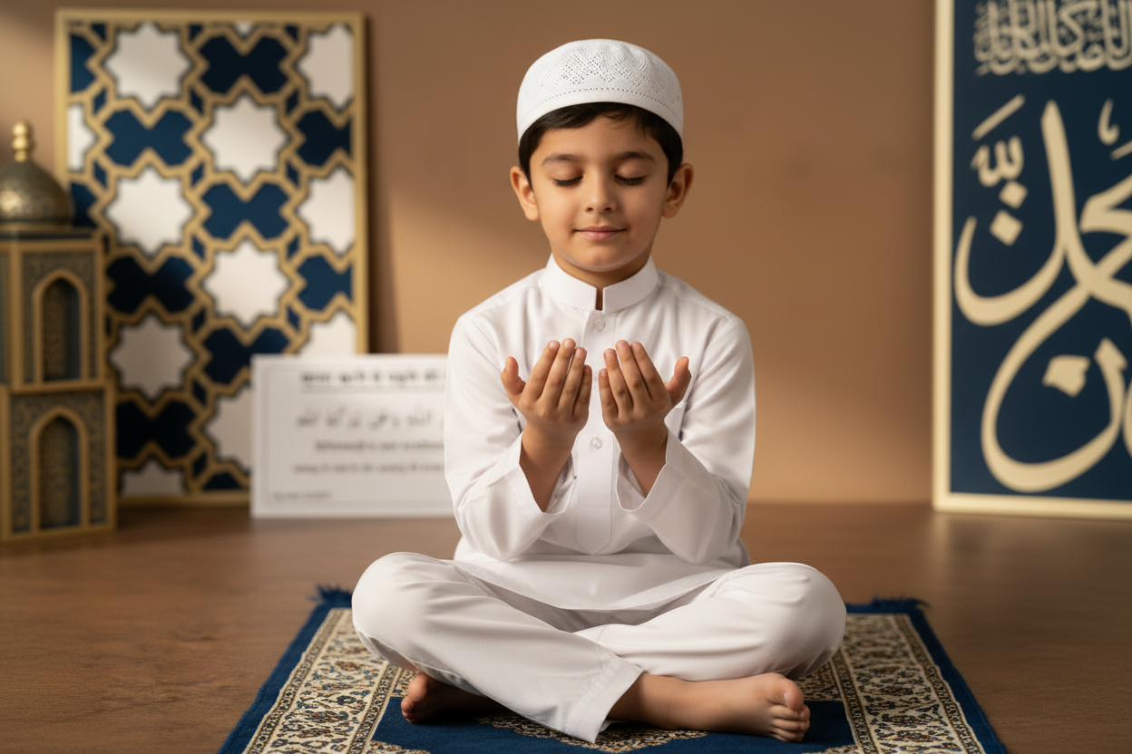 Child in white traditional attire sitting on a prayer mat with hands together in a room decorated with Islamic art. Hindi Daily Dua Stickers Set of 12 Islamic learning dua stickers for kids home-before eating Dua 