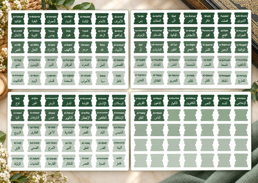 Quran Tabs 114 Surah Name Stickers in green by AL-IQRAH