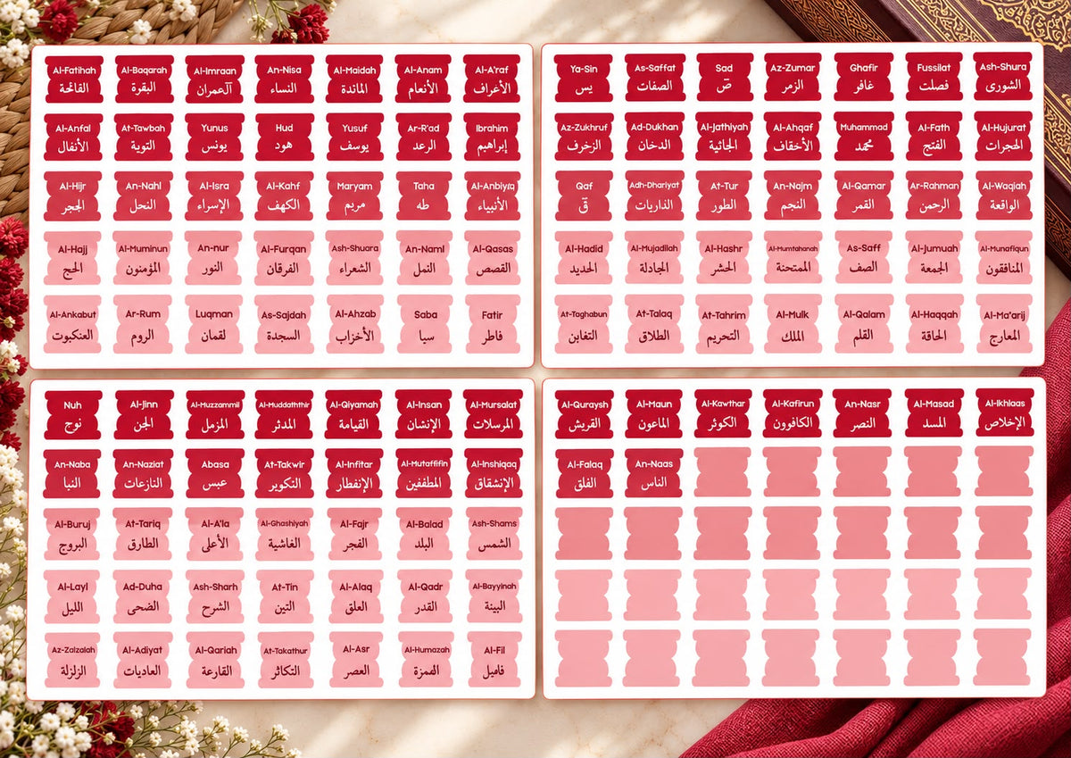 Quran Tabs 114 Surah Name Stickers in red by AL-IQRAH