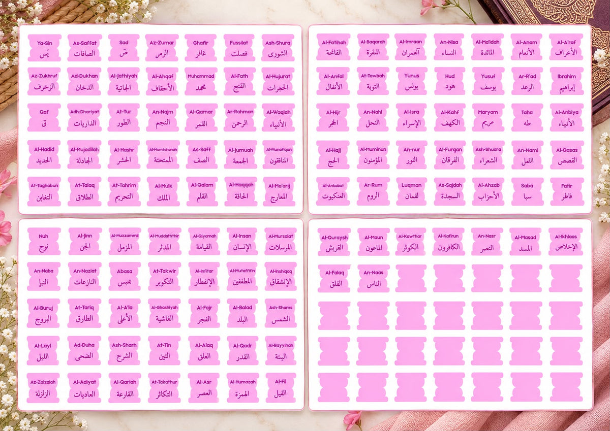 Quran Tabs 114 Surah Name Stickers in pink by AL-IQRAH