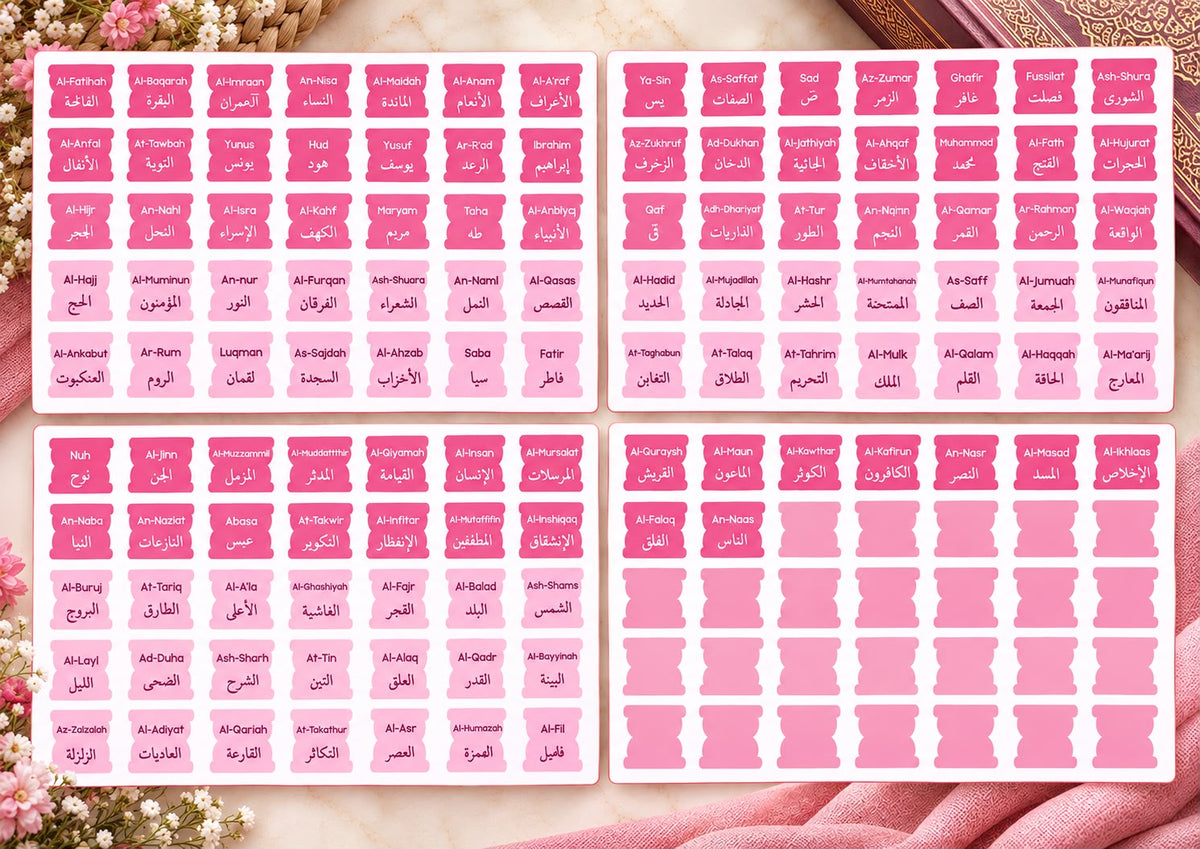 Quran Tabs 114 Surah Name Stickers in pinkish colour by AL-IQRAH