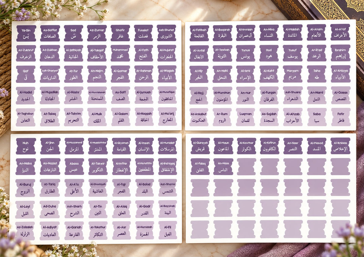 Quran Tabs 114 Surah Name Stickers in purple by AL-IQRAH